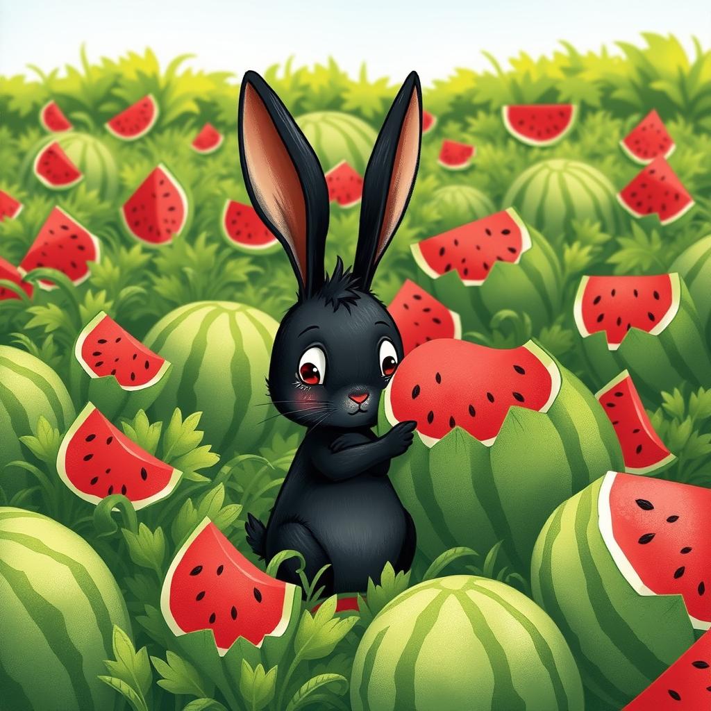 In a vibrant watermelon field, a cute little black rabbit is diligently comparing the sizes of several unopened watermelons