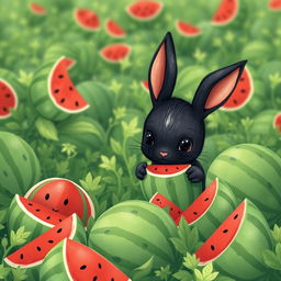 In a vibrant watermelon field, a cute little black rabbit is diligently comparing the sizes of several unopened watermelons