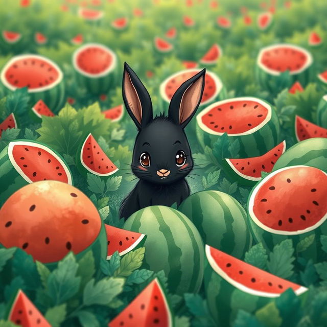 In a vibrant watermelon field, a cute little black rabbit is diligently comparing the sizes of several unopened watermelons