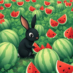 In a vibrant watermelon field, a cute little black rabbit is diligently comparing the sizes of several unopened watermelons