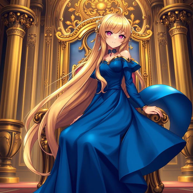 An enchanting light novel cover featuring a tall female character with long, glossy golden hair cascading elegantly down her back