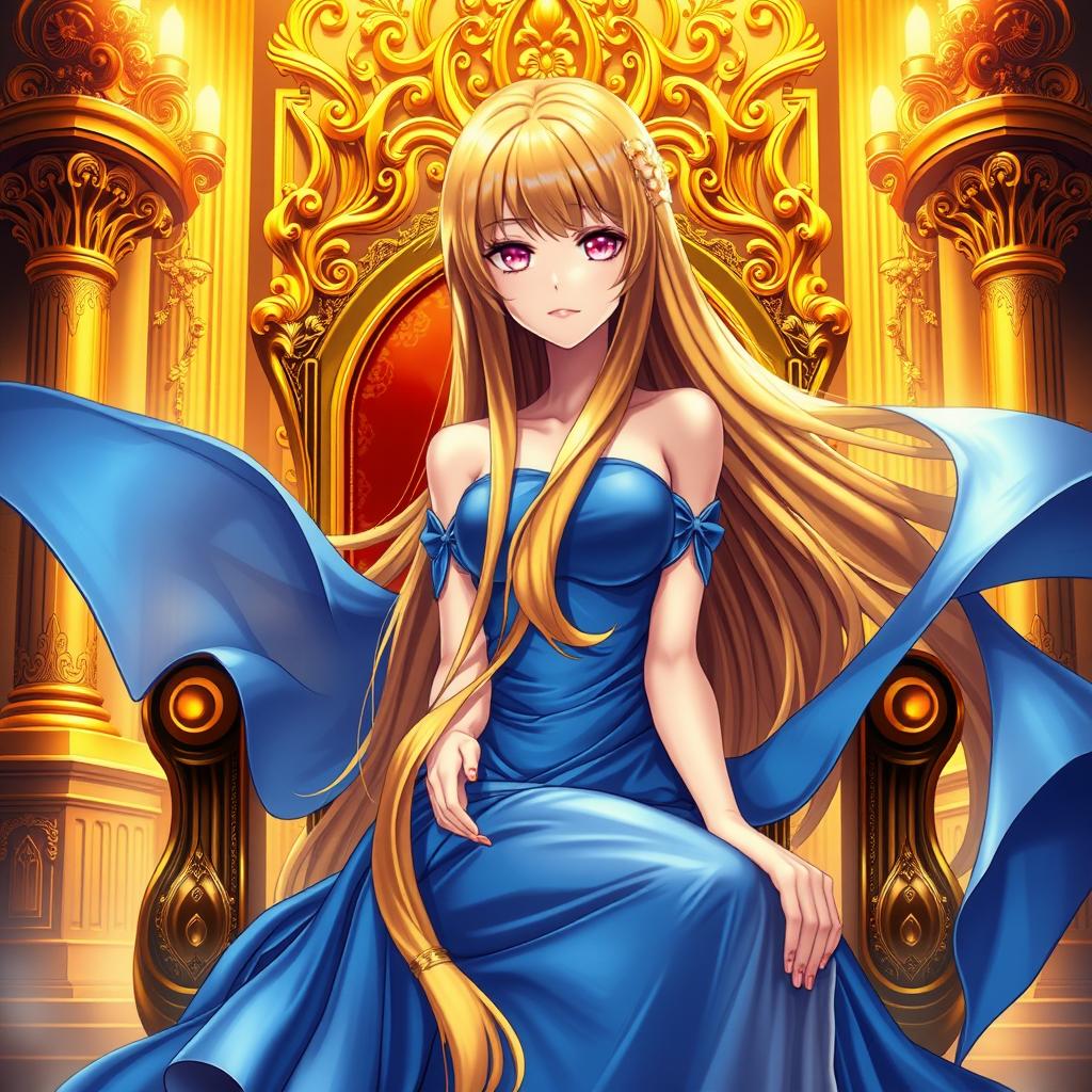 An enchanting light novel cover featuring a tall female character with long, glossy golden hair cascading elegantly down her back