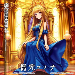 An enchanting light novel cover featuring a tall female character with long, glossy golden hair cascading elegantly down her back