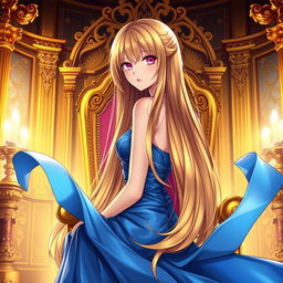 An enchanting light novel cover featuring a tall female character with long, glossy golden hair cascading elegantly down her back