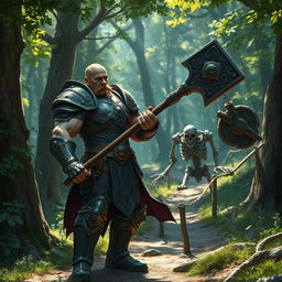 A tall, lean, and muscular paladin with a bald head and a short brown mustache, wearing intricately detailed armor that glimmers in the dappled sunlight filtering through the trees