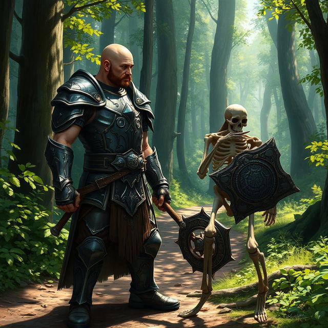 A tall, lean, and muscular paladin with a bald head and a short brown mustache, wearing intricately detailed armor that glimmers in the dappled sunlight filtering through the trees