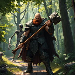A tall, lean, and muscular paladin with a bald head and a short brown mustache, wearing intricately detailed armor that glimmers in the dappled sunlight filtering through the trees