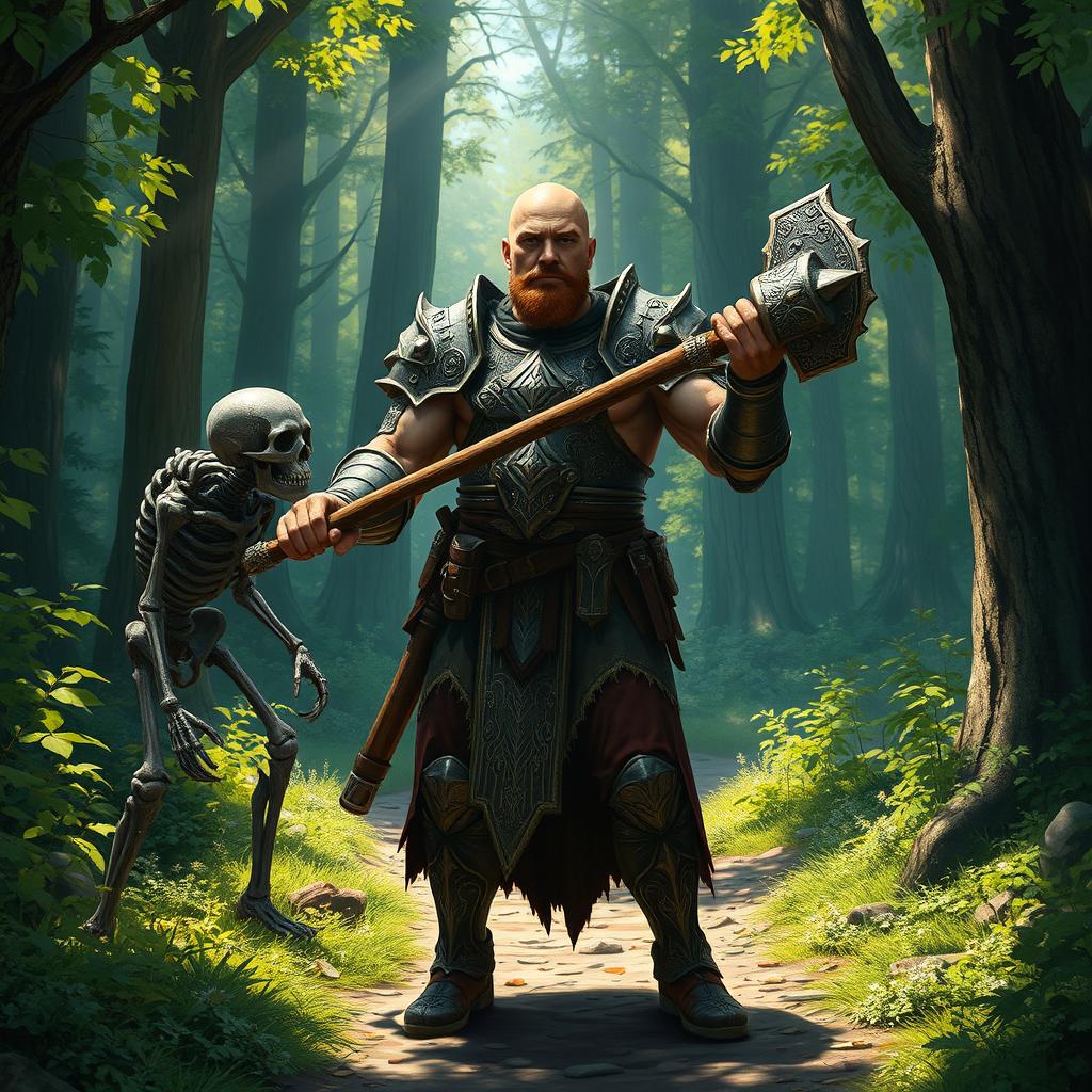 A tall, lean, and muscular paladin with a bald head and a short brown mustache, wearing intricately detailed armor that glimmers in the dappled sunlight filtering through the trees