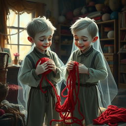 A realistic portrayal of two boy ghost twins, subtly translucent with pale skin, dressed in vintage, slightly tattered clothes that hint at a bygone era