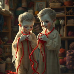 A realistic portrayal of two boy ghost twins, subtly translucent with pale skin, dressed in vintage, slightly tattered clothes that hint at a bygone era