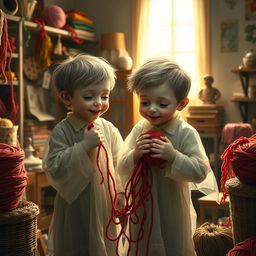 A realistic portrayal of two boy ghost twins, subtly translucent with pale skin, dressed in vintage, slightly tattered clothes that hint at a bygone era