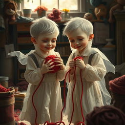 A realistic portrayal of two boy ghost twins, subtly translucent with pale skin, dressed in vintage, slightly tattered clothes that hint at a bygone era