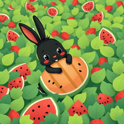 In a cheerful watermelon field, a cute little black rabbit is happily hugging a big watermelon