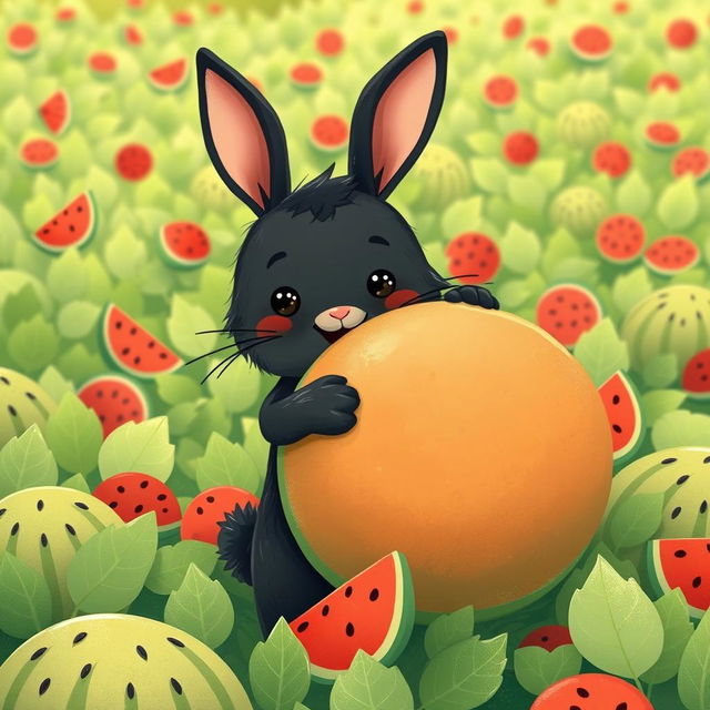 In a cheerful watermelon field, a cute little black rabbit is happily hugging a big watermelon