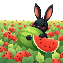 In a cheerful watermelon field, a cute little black rabbit is happily hugging a big watermelon