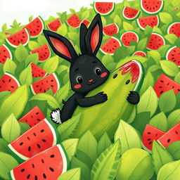 In a cheerful watermelon field, a cute little black rabbit is happily hugging a big watermelon
