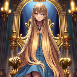 A stunning light novel cover featuring a tall female character with long, glossy golden hair that cascades down her back
