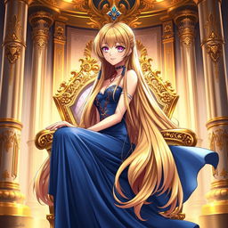A stunning light novel cover featuring a tall female character with long, glossy golden hair that cascades down her back