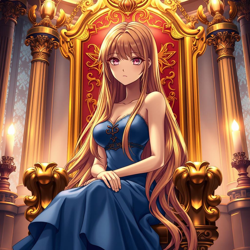 A stunning light novel cover featuring a tall female character with long, glossy golden hair that cascades down her back