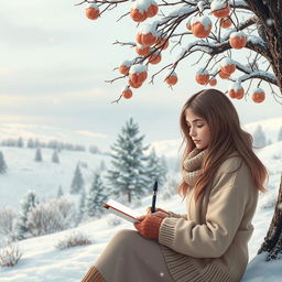 A beautiful winter landscape featuring a serene scene with softly falling snowflakes