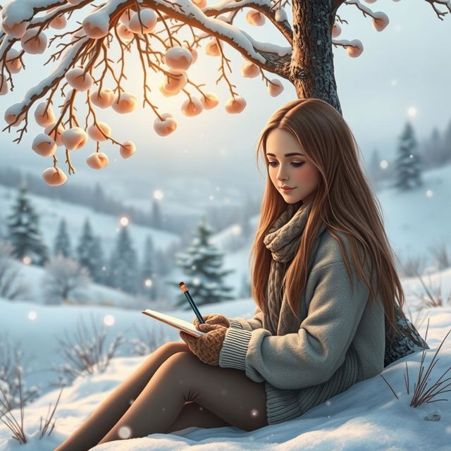 A beautiful winter landscape featuring a serene scene with softly falling snowflakes