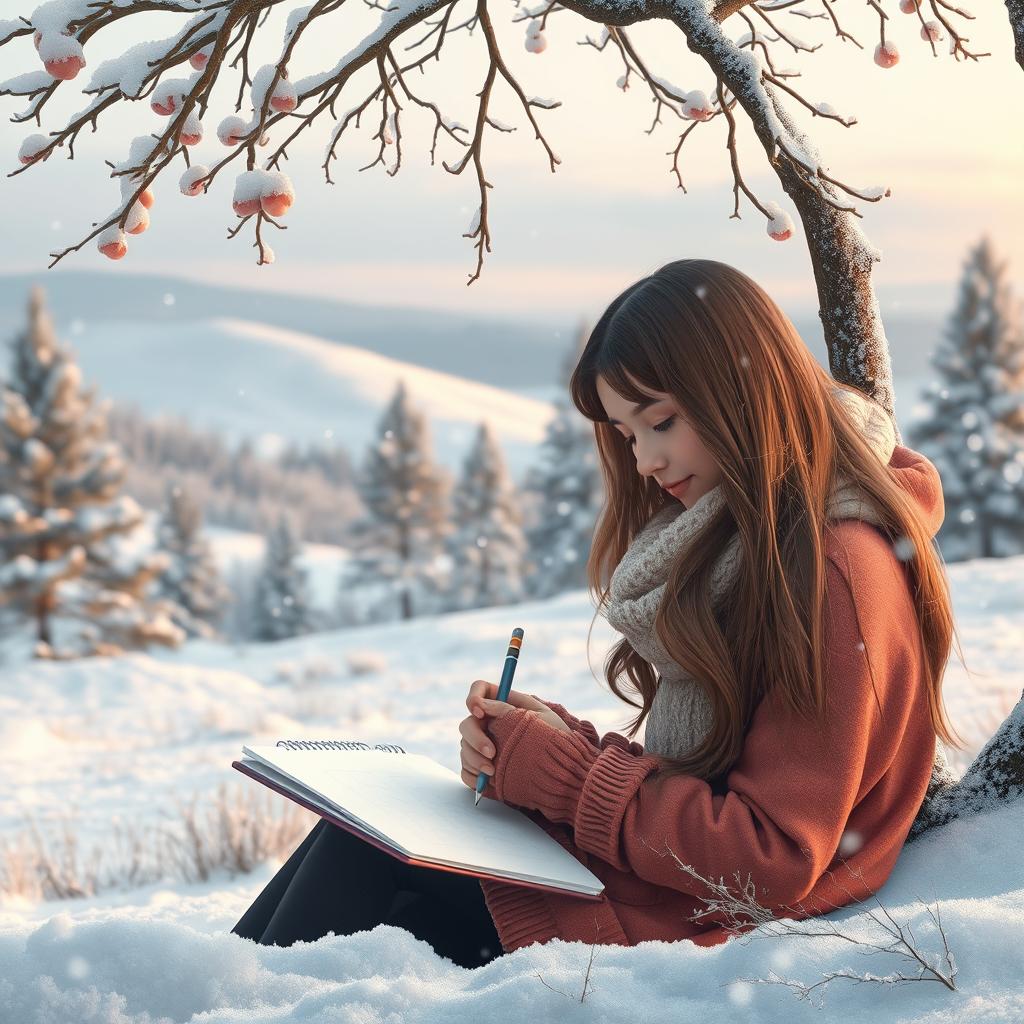A beautiful winter landscape featuring a serene scene with softly falling snowflakes