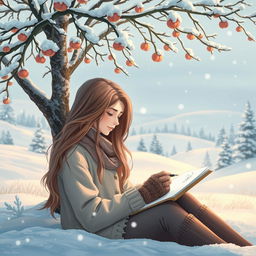 A beautiful winter landscape featuring a serene scene with softly falling snowflakes