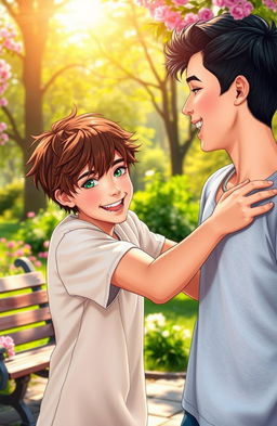 A heartwarming scene capturing the transformation of two boys from rivals to lovers