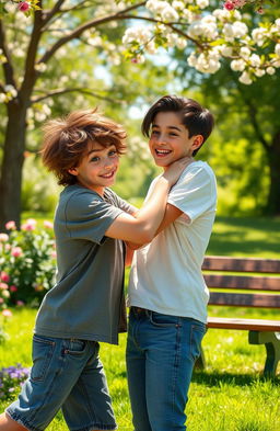 A heartwarming scene capturing the transformation of two boys from rivals to lovers