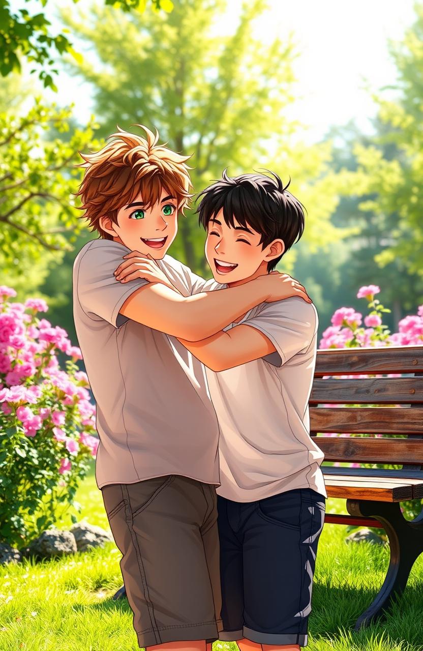 A heartwarming scene capturing the transformation of two boys from rivals to lovers