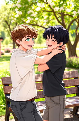 A heartwarming scene capturing the transformation of two boys from rivals to lovers