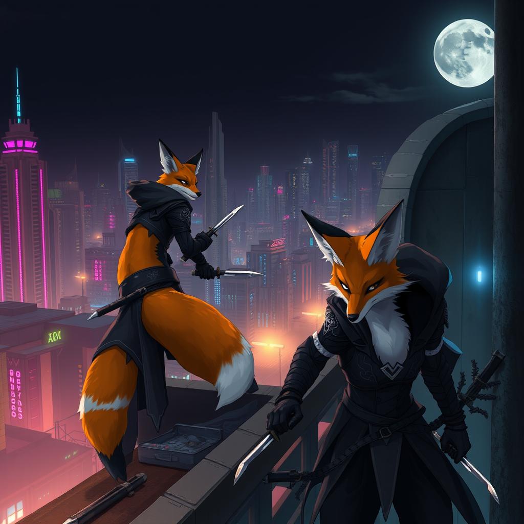 A dynamic scene featuring anthropomorphic fox assassins clad in stealthy, dark attire with intricate designs