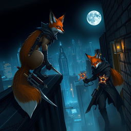 A dynamic scene featuring anthropomorphic fox assassins clad in stealthy, dark attire with intricate designs