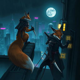 A dynamic scene featuring anthropomorphic fox assassins clad in stealthy, dark attire with intricate designs