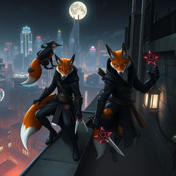 A dynamic scene featuring anthropomorphic fox assassins clad in stealthy, dark attire with intricate designs