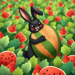 In a lively watermelon field, a cute little black rabbit is joyfully hugging a large watermelon