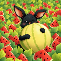In a lively watermelon field, a cute little black rabbit is joyfully hugging a large watermelon