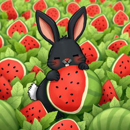 In a lively watermelon field, a cute little black rabbit is joyfully hugging a large watermelon