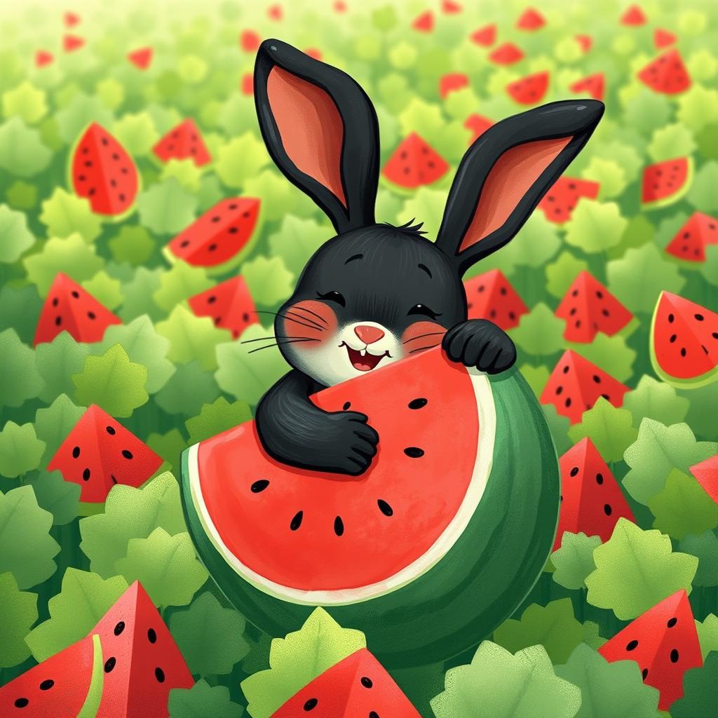 In a lively watermelon field, a cute little black rabbit is joyfully hugging a large watermelon