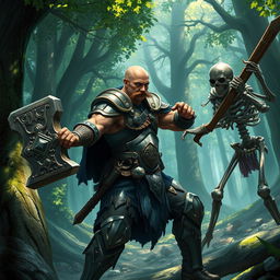 A lean, muscular paladin with a bald head and a short brown mustache, clad in shining, intricately detailed armor, is engaged in an epic battle with a fearsome skeleton warrior amidst a mystical forest