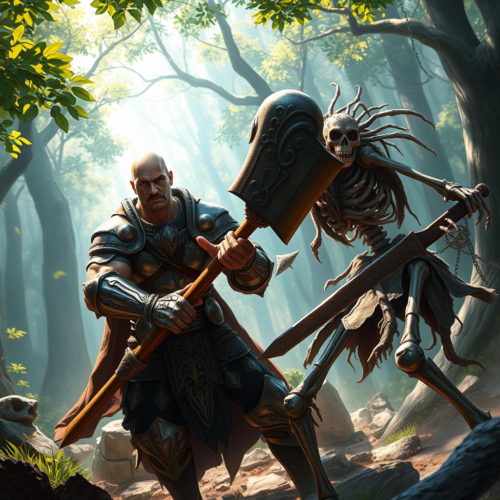 A lean, muscular paladin with a bald head and a short brown mustache, clad in shining, intricately detailed armor, is engaged in an epic battle with a fearsome skeleton warrior amidst a mystical forest