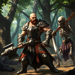 A lean, muscular paladin with a bald head and a short brown mustache, clad in shining, intricately detailed armor, is engaged in an epic battle with a fearsome skeleton warrior amidst a mystical forest