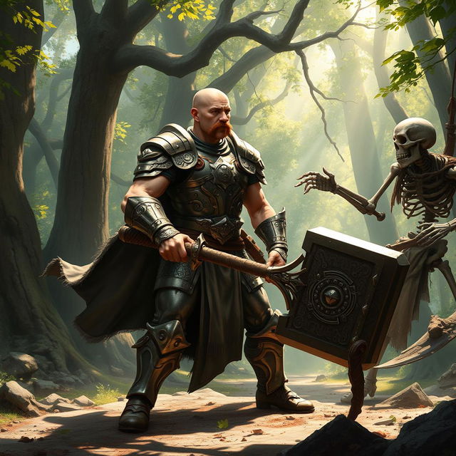 A lean, muscular paladin with a bald head and a short brown mustache, clad in shining, intricately detailed armor, is engaged in an epic battle with a fearsome skeleton warrior amidst a mystical forest