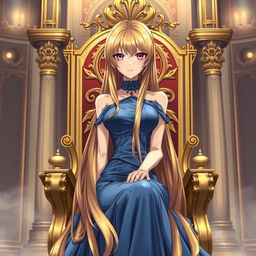 A captivating light novel cover featuring a tall adult female character with long, glossy golden hair that flows elegantly down her back