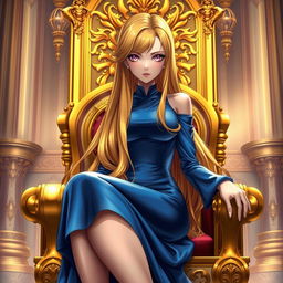 A captivating light novel cover featuring a tall adult female character with long, glossy golden hair that flows elegantly down her back