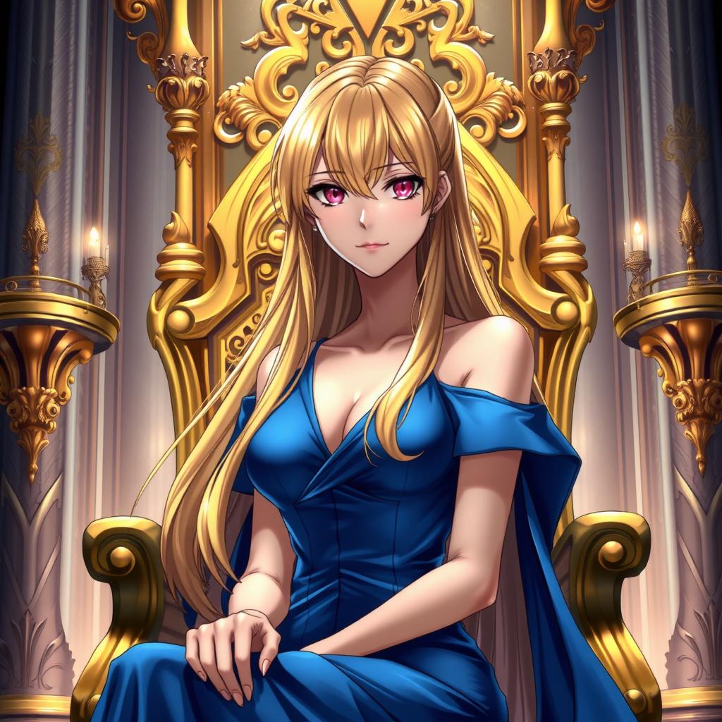 A captivating light novel cover featuring a tall adult female character with long, glossy golden hair that flows elegantly down her back