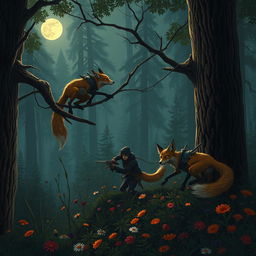 An intriguing and dynamic scene of fox assassins in action, set in a mysterious forest at twilight