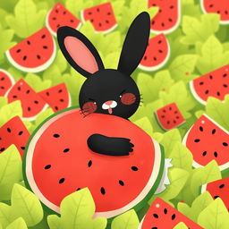 In a cheerful watermelon field, a cute little black rabbit is happily hugging a large watermelon