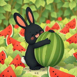 In a cheerful watermelon field, a cute little black rabbit is happily hugging a large watermelon