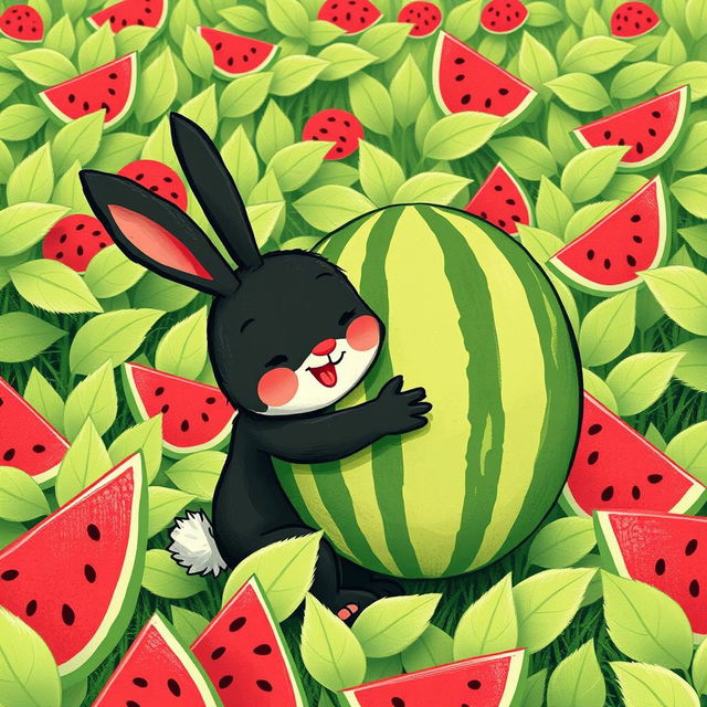 In a cheerful watermelon field, a cute little black rabbit is happily hugging a large watermelon